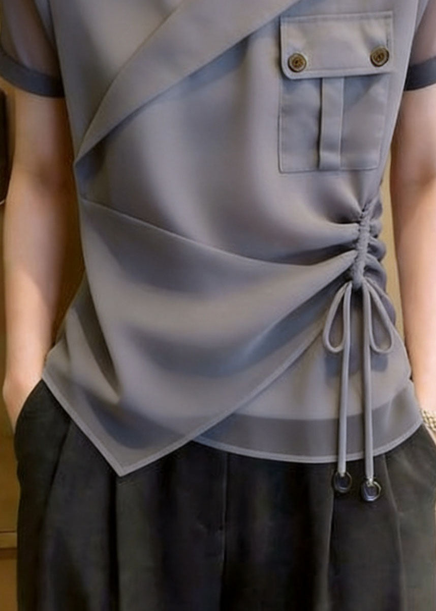 Dames Chiffon Blouse Asymmetrisch Met Opstaande Kraag 3