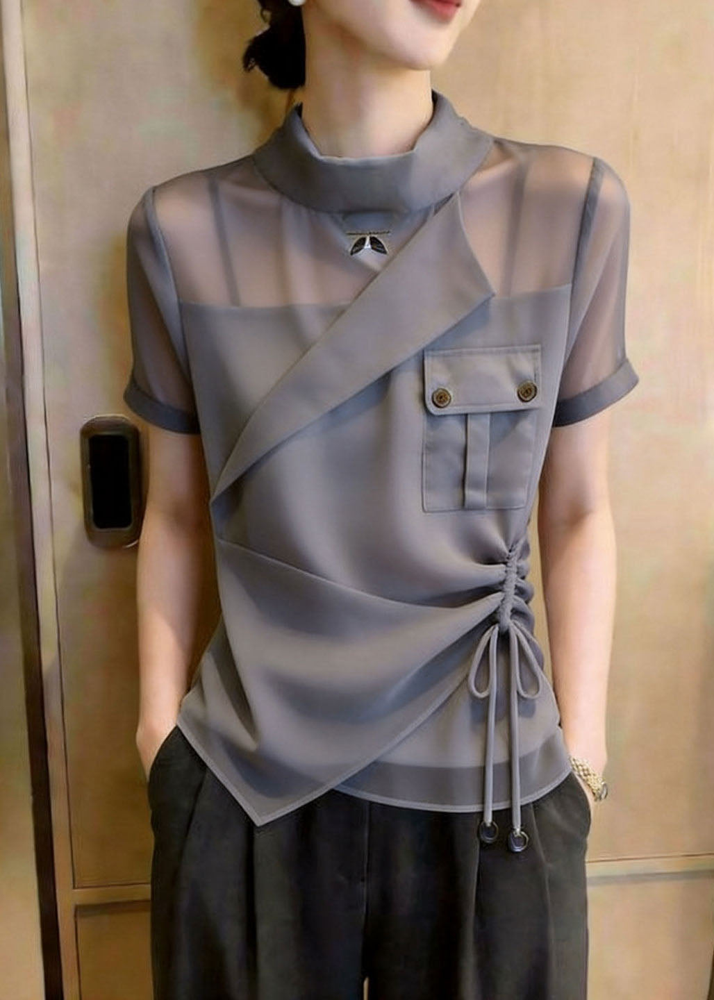 Dames Chiffon Blouse Asymmetrisch Met Opstaande Kraag 4