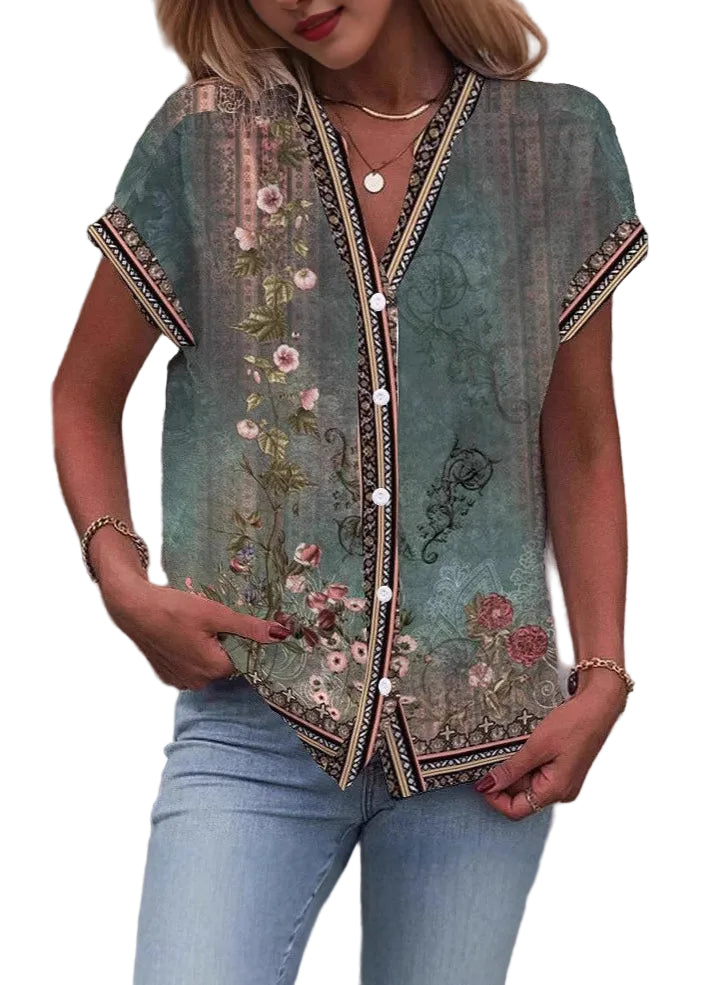 Dames Chiffon Overhemdtop met V-hals en Print 0