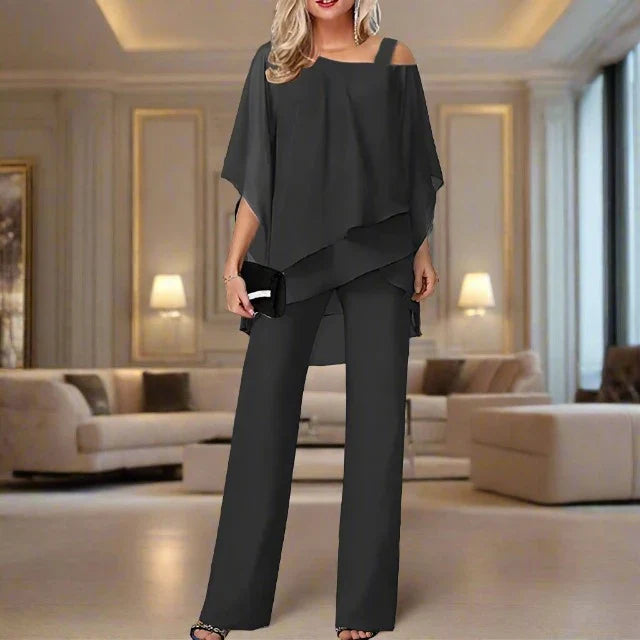 Dames Chiffon Set met Schoudervrije Top en Elegante Broek 0