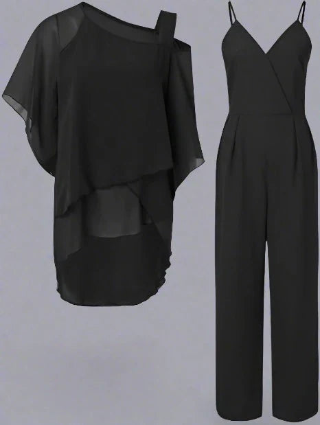 Dames Chiffon Set met Schoudervrije Top en Elegante Broek 2
