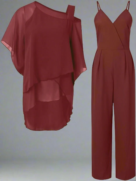 Dames Chiffon Set met Schoudervrije Top en Elegante Broek 3