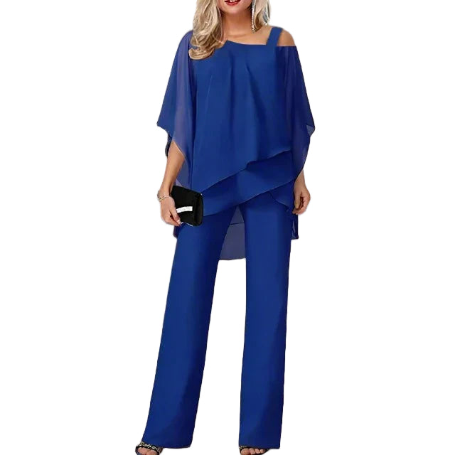 Dames Chiffon Set met Schoudervrije Top en Elegante Broek 4