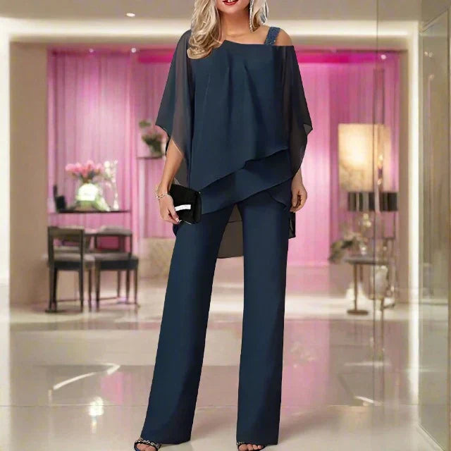 Dames Chiffon Set met Schoudervrije Top en Elegante Broek 6