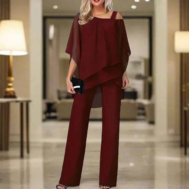 Dames Chiffon Set met Schoudervrije Top en Elegante Broek 7