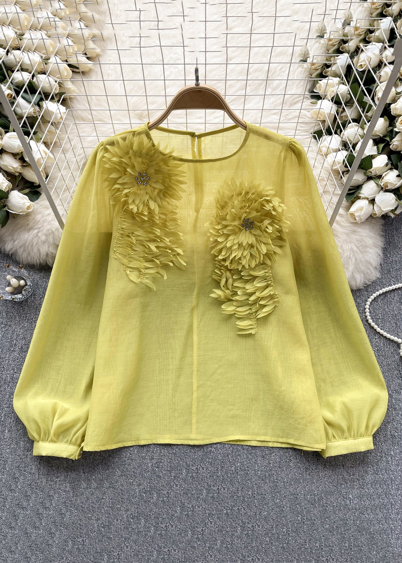 Dames Chiffon Shirt met O-hals en Lange Mouwen 3