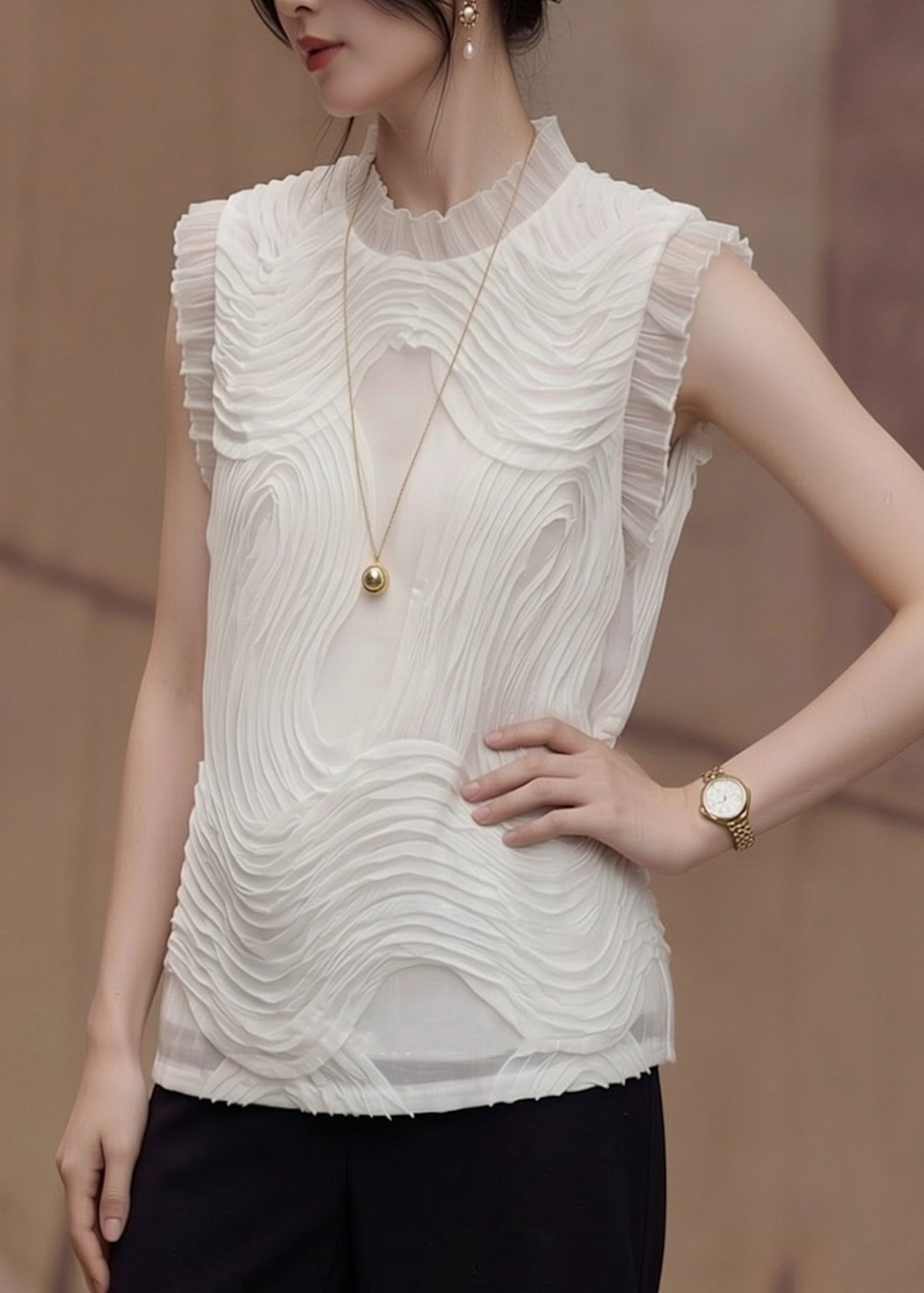 Dames Chiffon Top Zonder Mouwen Met Gegolfd Patroon 1