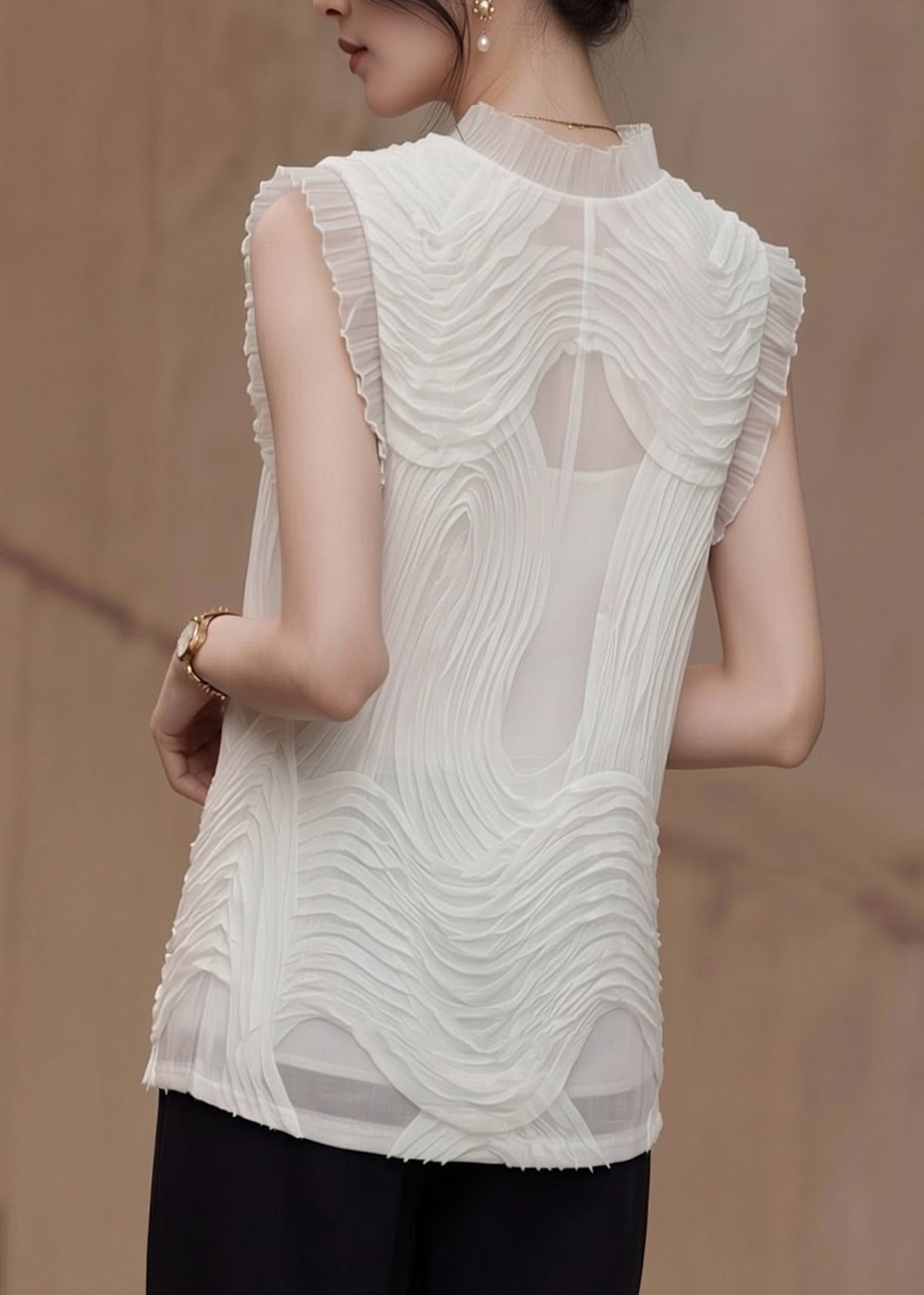 Dames Chiffon Top Zonder Mouwen Met Gegolfd Patroon 4