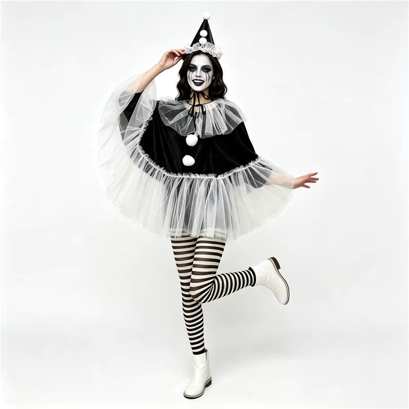 Dames Clown Kostuum Met Cape En Hoed Voor Feestelijke Gelegenheden 2