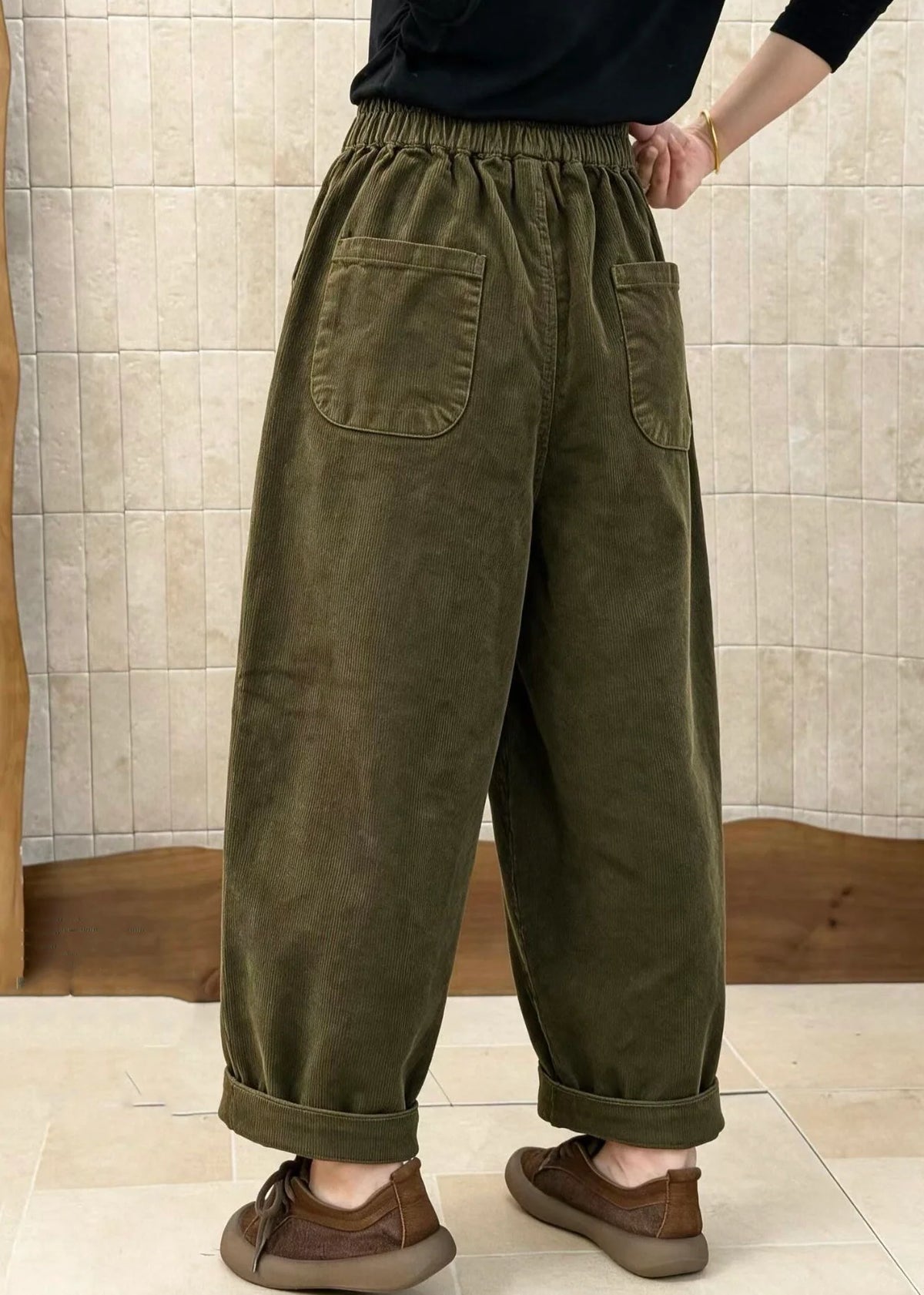 Dames Corduroy Broek Met Elastische Tailleband En Patchwork 3