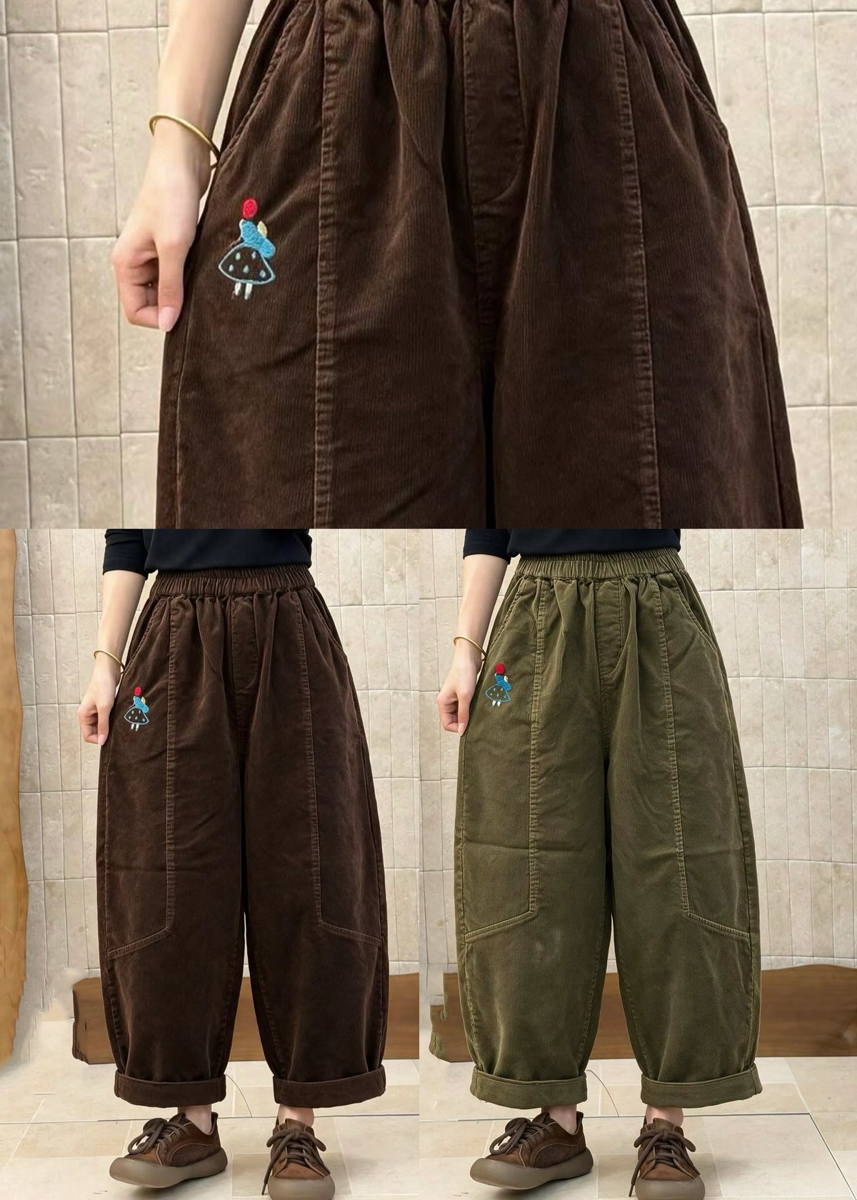Dames Corduroy Broek Met Elastische Tailleband En Patchwork 4