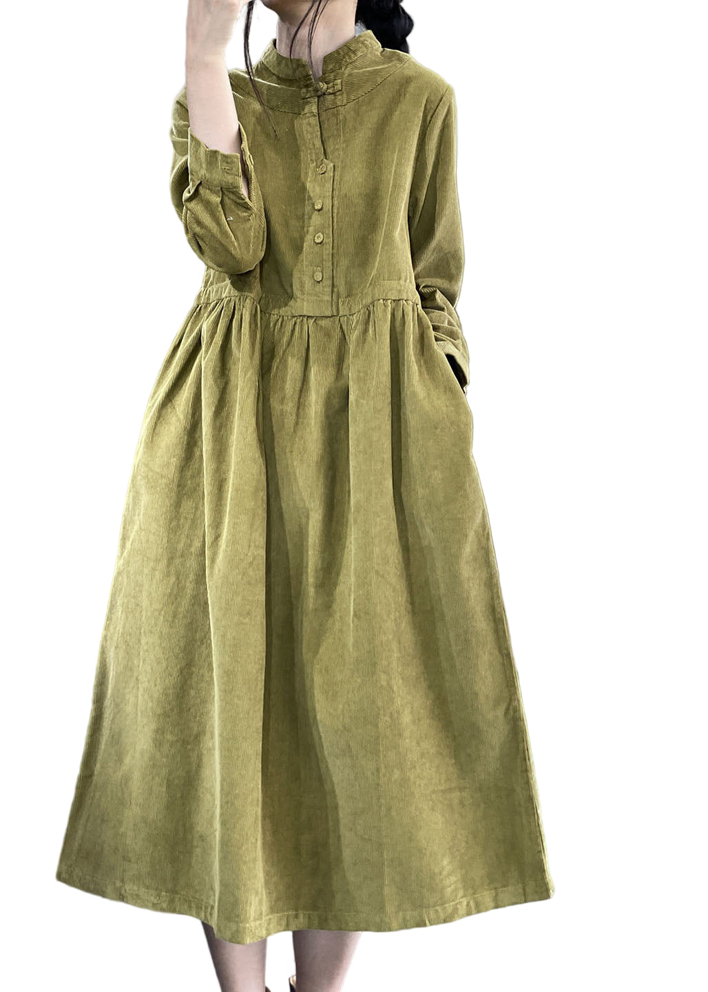 Dames Corduroy Jurk met Opstaande Kraag en Patchwork 0