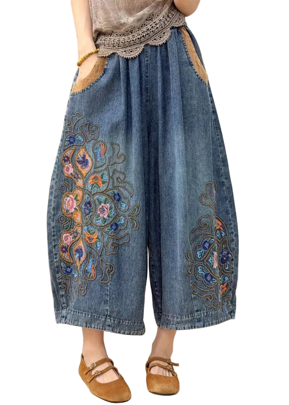 Dames Crop Jeans Plus Size Met Borduursels 0