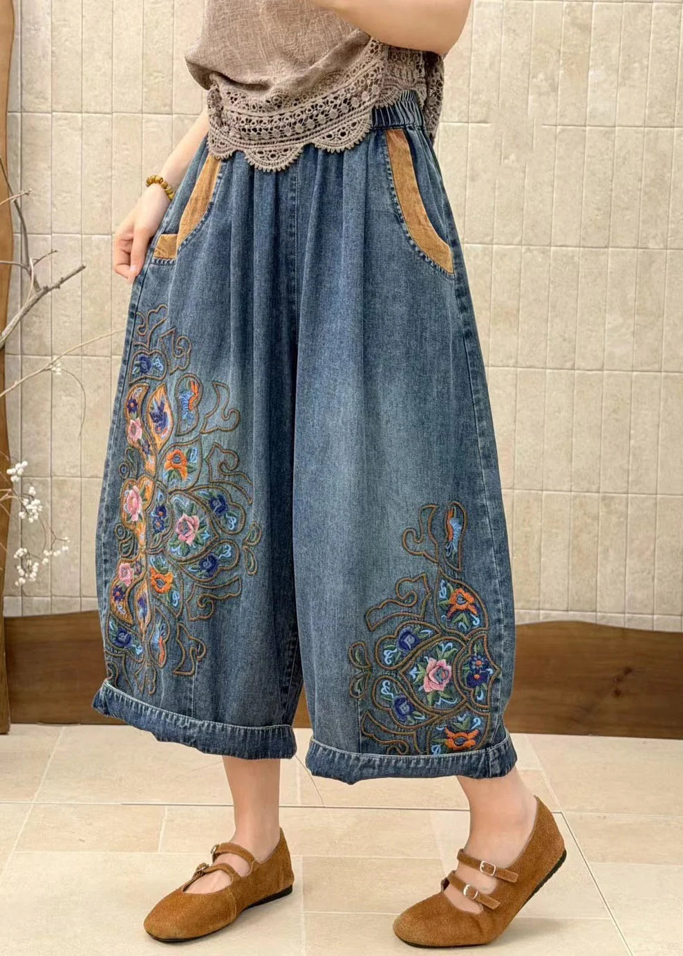 Dames Crop Jeans Plus Size Met Borduursels 2