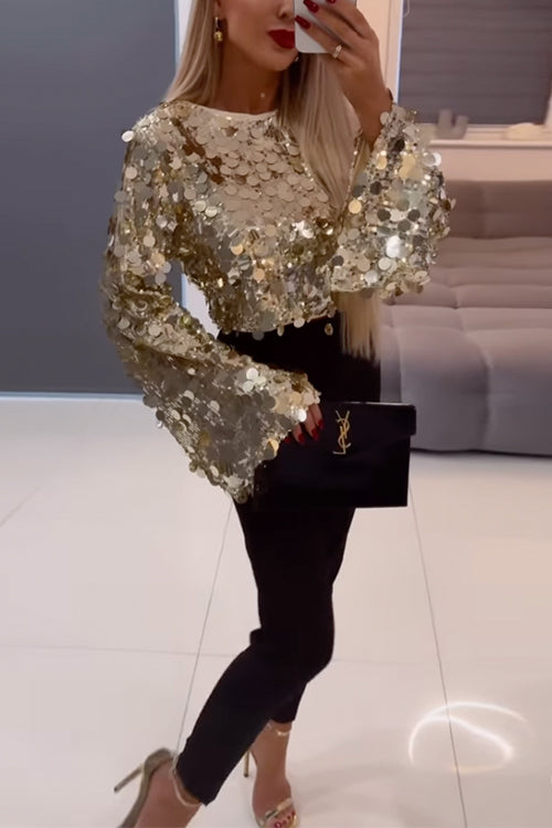 Dames Crop Top met Lange Klokmouwen en Metallic Pailletten 2