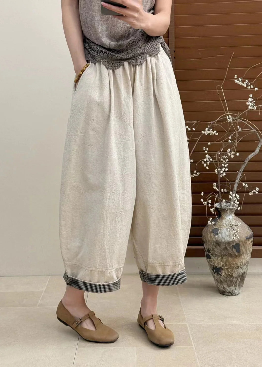 Dames Cropped Broek Casual Met Patchwork 2