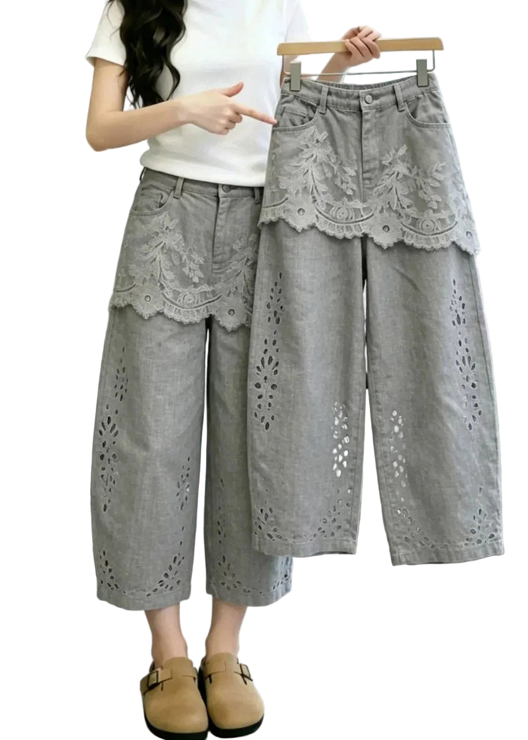 Dames Cropped Broek Patchwork Met Open Details 0