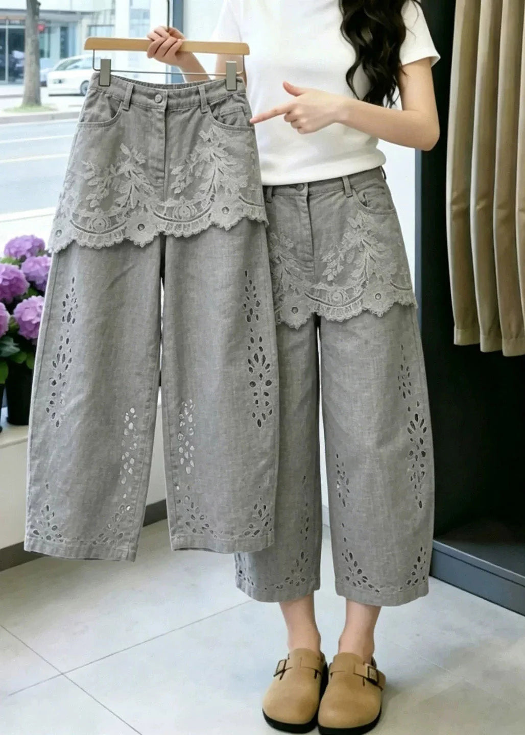 Dames Cropped Broek Patchwork Met Open Details 2