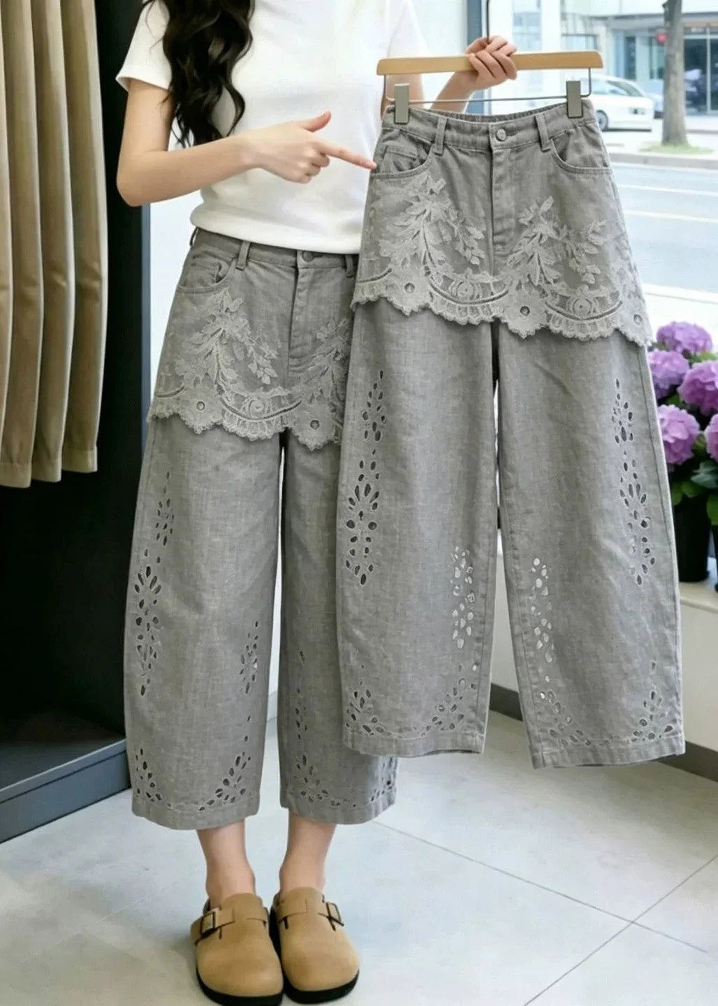 Dames Cropped Broek Patchwork Met Open Details 4