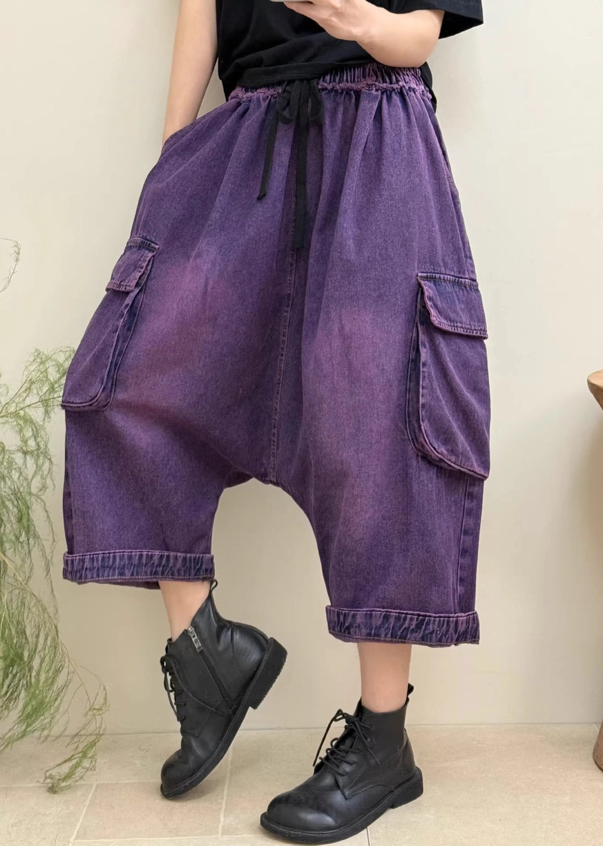 Dames Cropped Denim Broek Patchwork Stijl 4