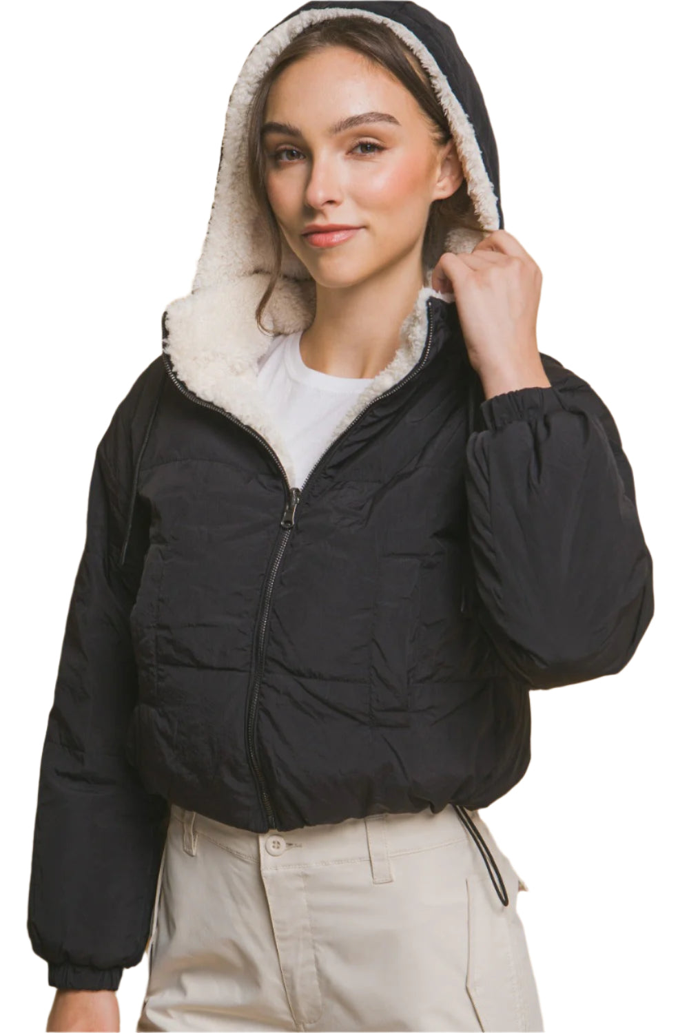 Dames Cropped Hooded Sherpa Reversible Jacket 0