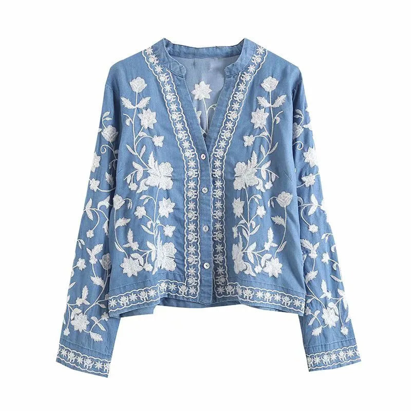 Dames Denim Blouse Boho Stijl 0
