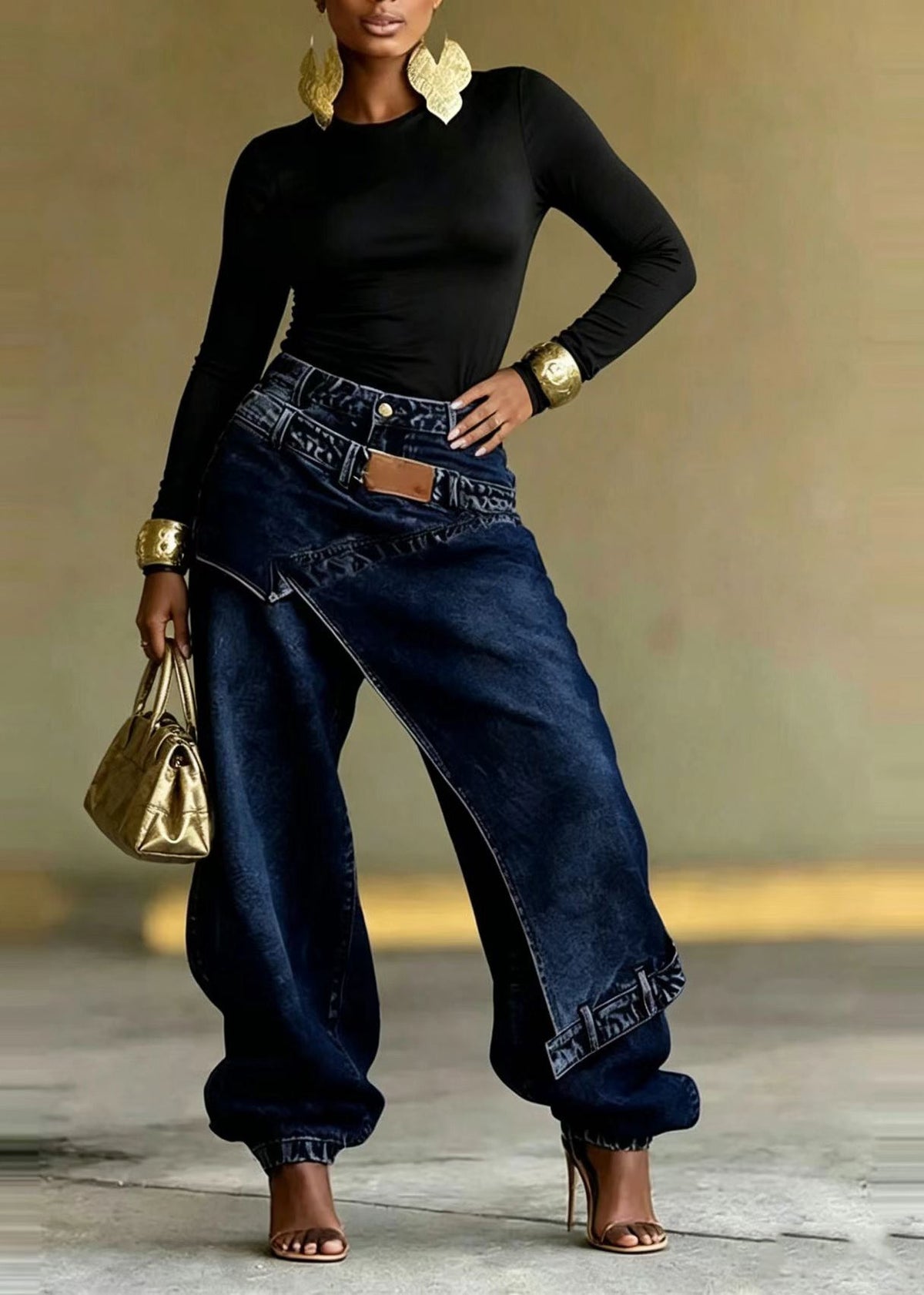 Dames Denim Broek Asymmetrisch Patchwork 2