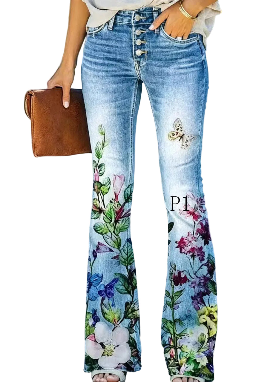 Dames Denim Flare Broek Hoge Taille Modern Print 0
