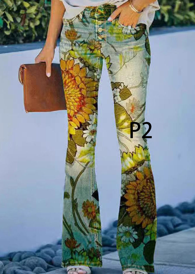 Dames Denim Flare Broek Hoge Taille Modern Print 1