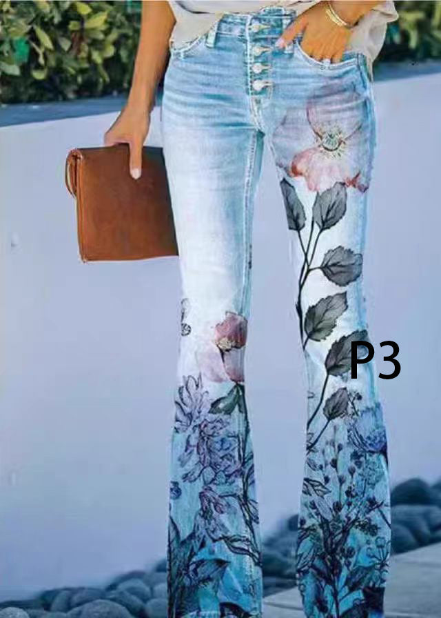 Dames Denim Flare Broek Hoge Taille Modern Print 2