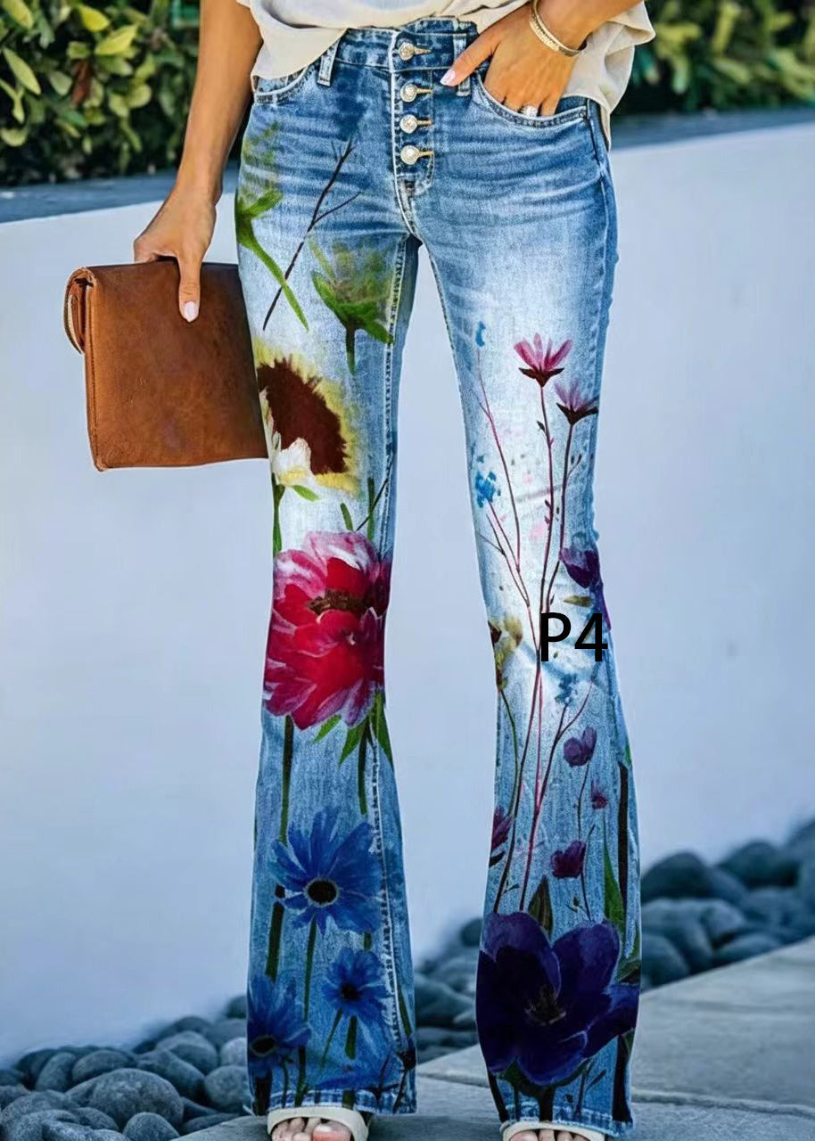 Dames Denim Flare Broek Hoge Taille Modern Print 3