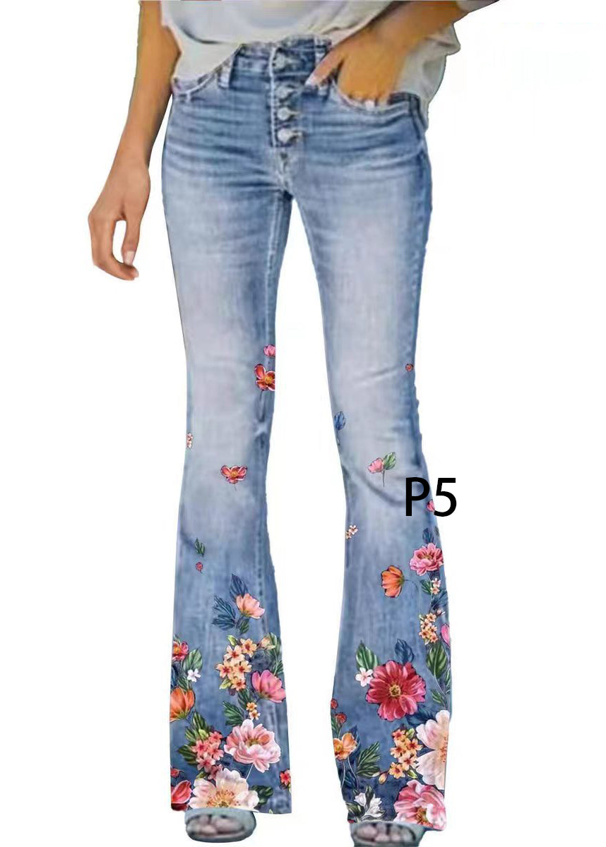 Dames Denim Flare Broek Hoge Taille Modern Print 4