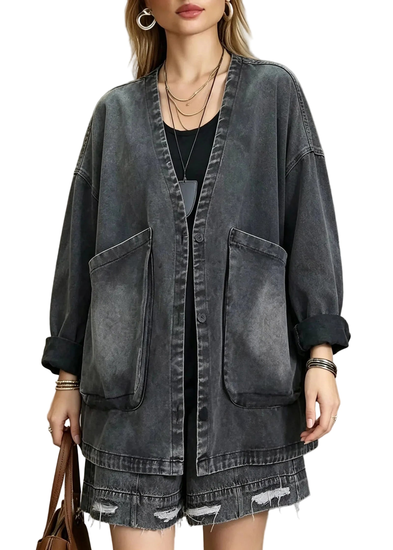 Dames Denim Jas Vintage Stijl Met V-hals En Zakken 0