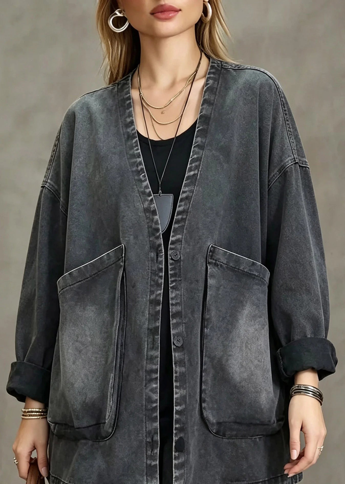 Dames Denim Jas Vintage Stijl Met V-hals En Zakken 1