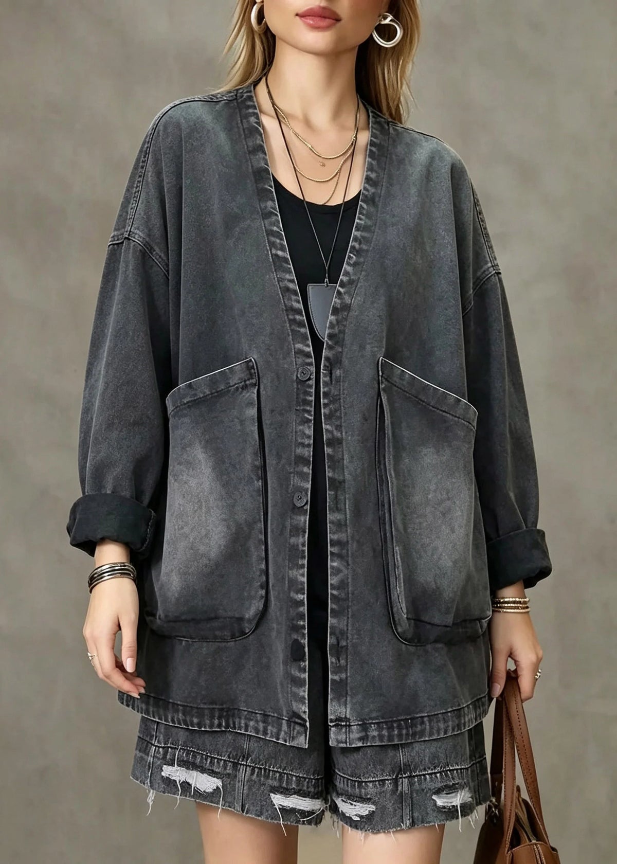 Dames Denim Jas Vintage Stijl Met V-hals En Zakken 2