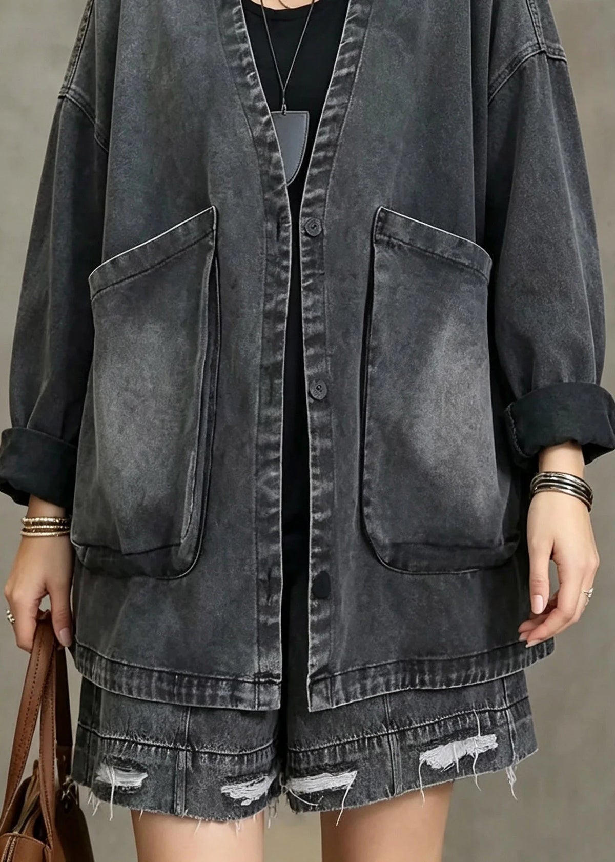 Dames Denim Jas Vintage Stijl Met V-hals En Zakken 3