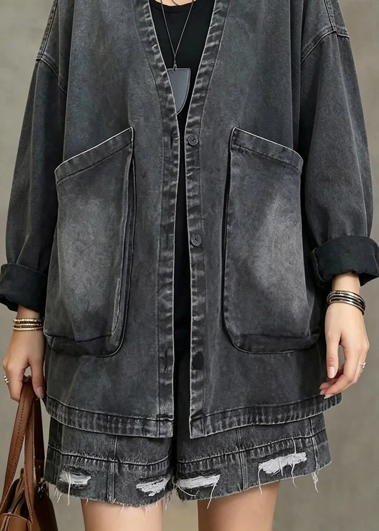 Dames Denim Jas Vintage Stijl Met V-hals En Zakken 3