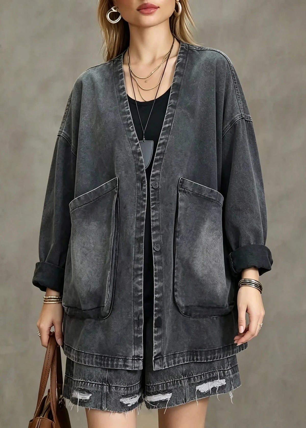 Dames Denim Jas Vintage Stijl Met V-hals En Zakken 4