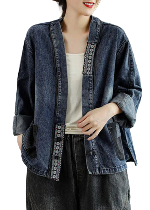 Dames Denim Jas met Geborduurde Zakken en Knopen 0