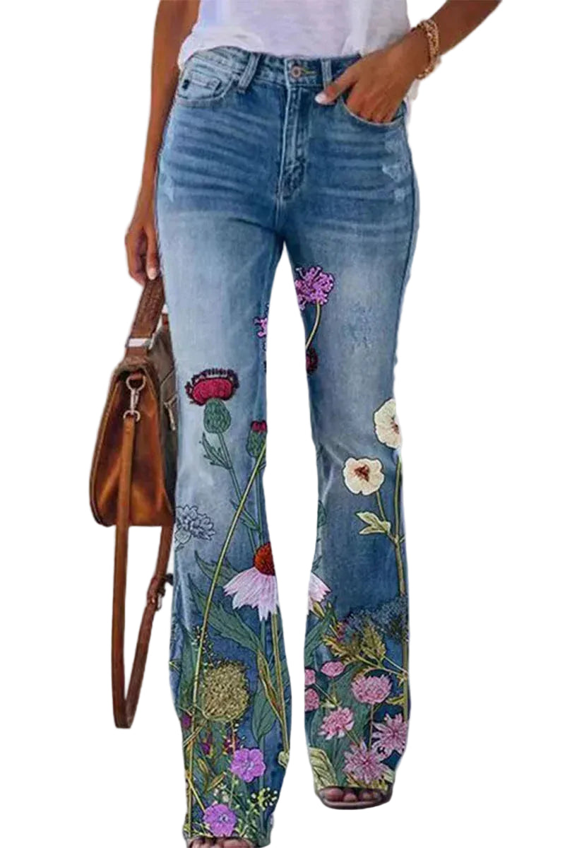 Dames Denim Jeans met Bloemenzakdetails 0
