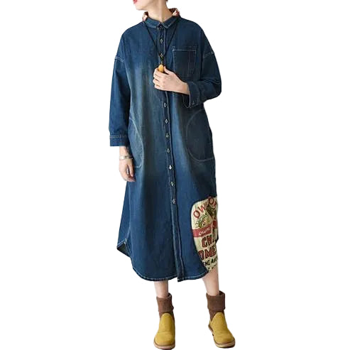 Dames Denim Jurk Lange Patchwork Casual Stijl 0