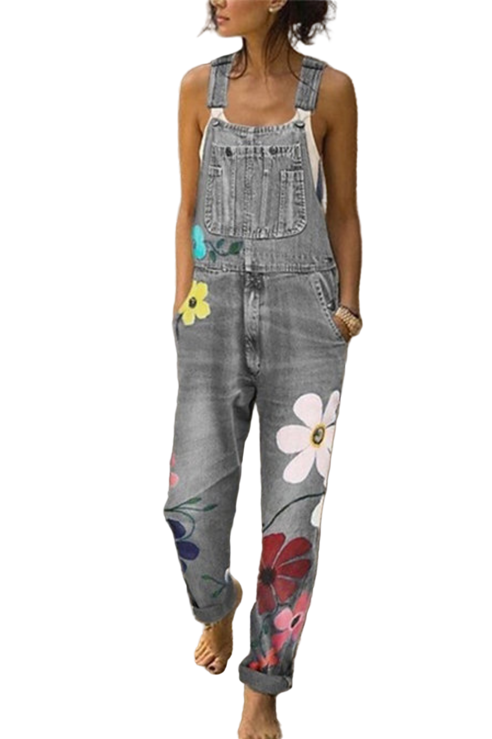 Dames Denim Overall Mouwloos met Bloemmotieven 0