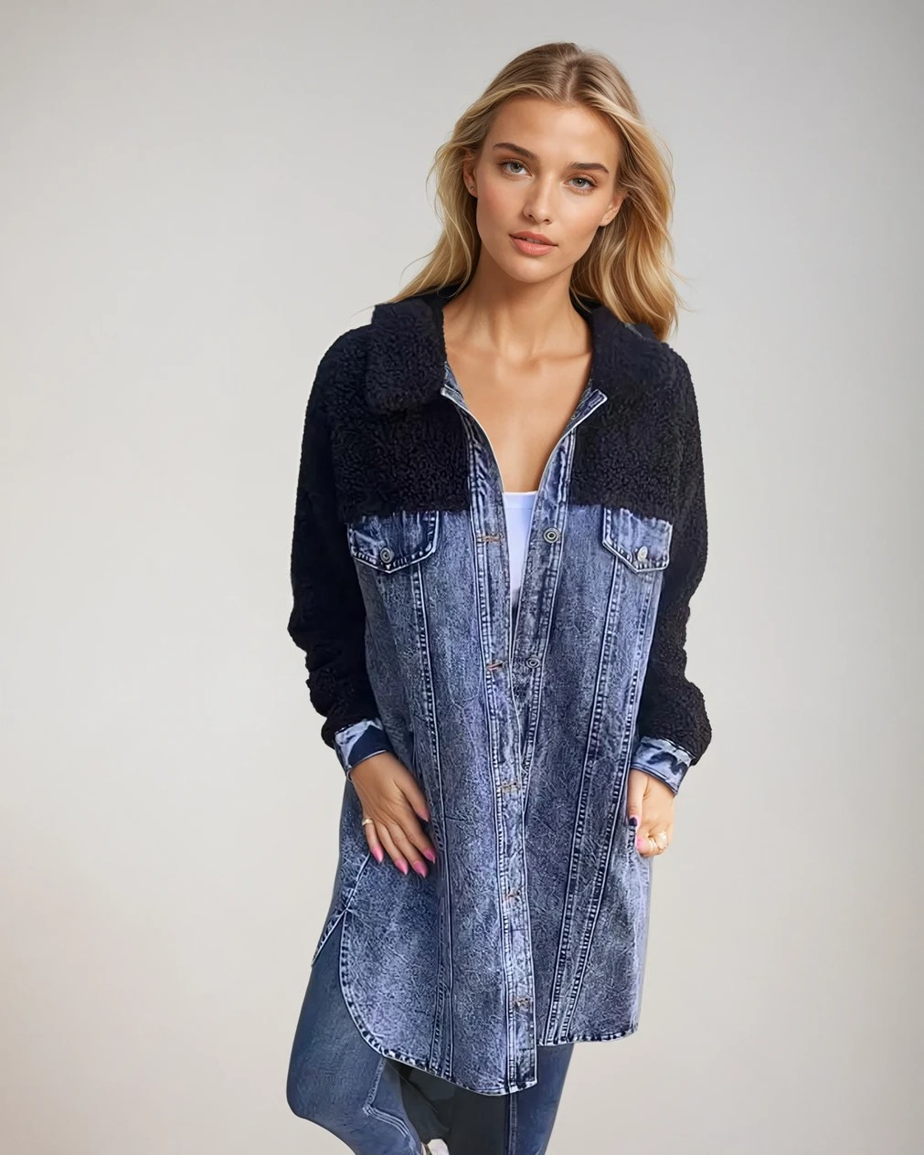 Dames Denim Overjas met Wolaccenten 1