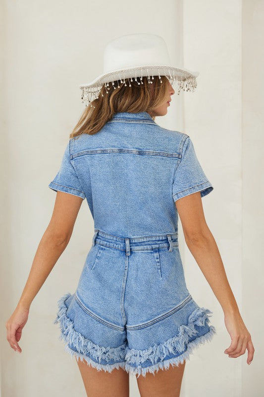 Dames Denim Romper Met Knopen En Frayed Hem 3