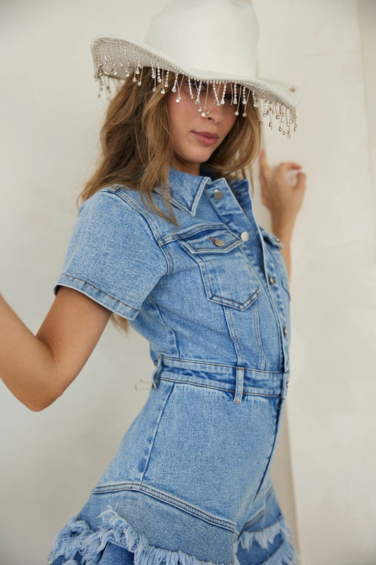 Dames Denim Romper Met Knopen En Frayed Hem 5
