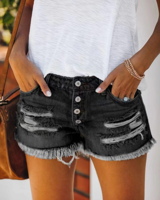 Dames Denim Shorts Ripped Fringed Casual Polyester 5