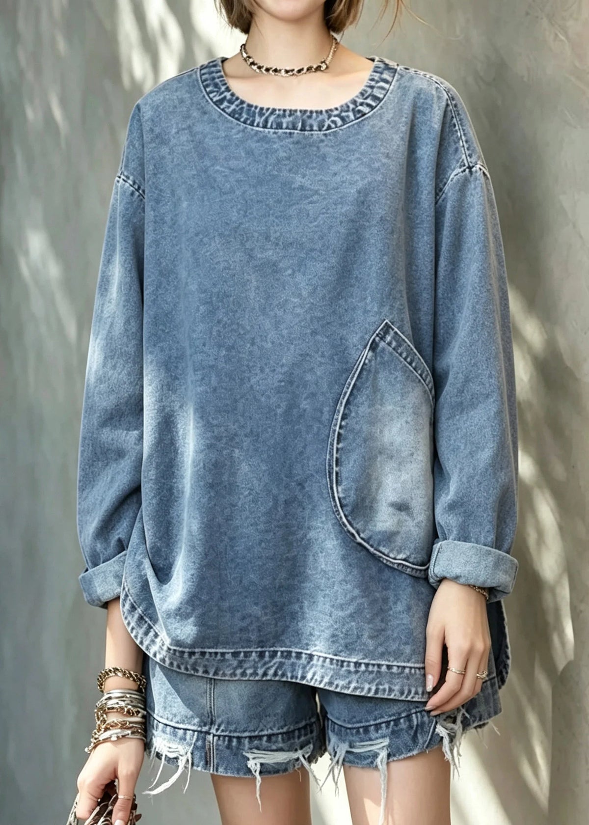 Dames Denim Top en Short Set Losvallend Herfstmodel 2
