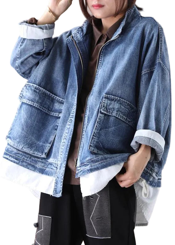 Dames Denimblauwe Jasje met Opstaande Kraag en Ritssluiting 0