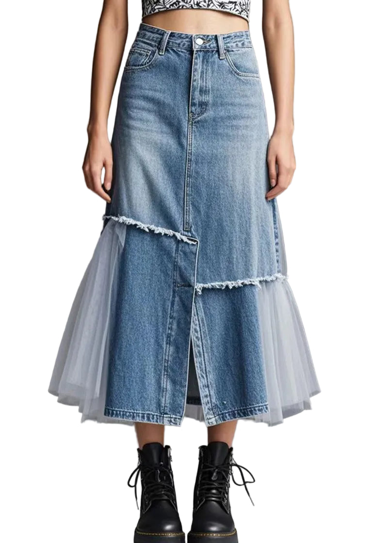 Dames Denimrok met Tule Patchwork en Zij-openingen 0