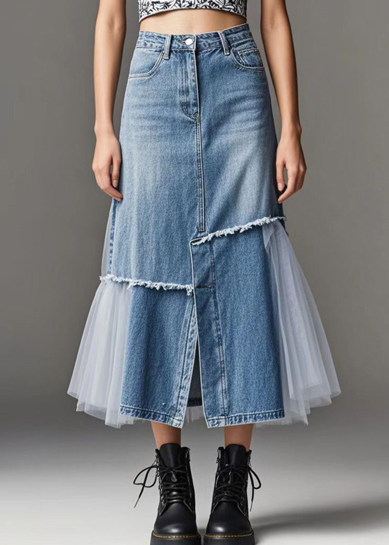 Dames Denimrok met Tule Patchwork en Zij-openingen 1